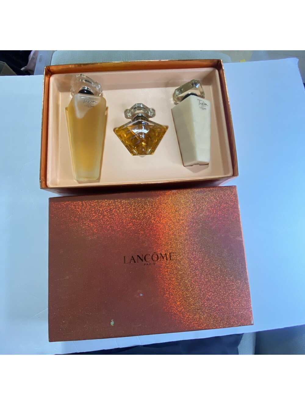 UNUSED, RARE, VINTAGE Tresor Lancome  Parfum (50 mL), Lotion, & Shower Gel Set